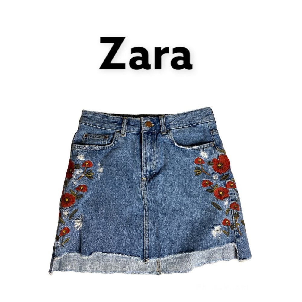 Zara Basic Z1975 Embroidered Floral High Low Denim Skirt Size XS - Picture 1 of 5